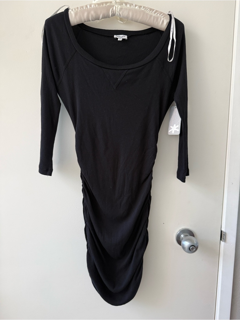 Splendid Black Long-Sleeve Ruched Midi off shoulder Dress Jersey Knit ribbed